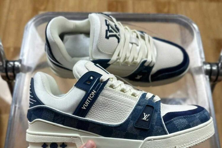 Giày LV Trainer Blue Denim Damier White Calfskin Xanh Denim