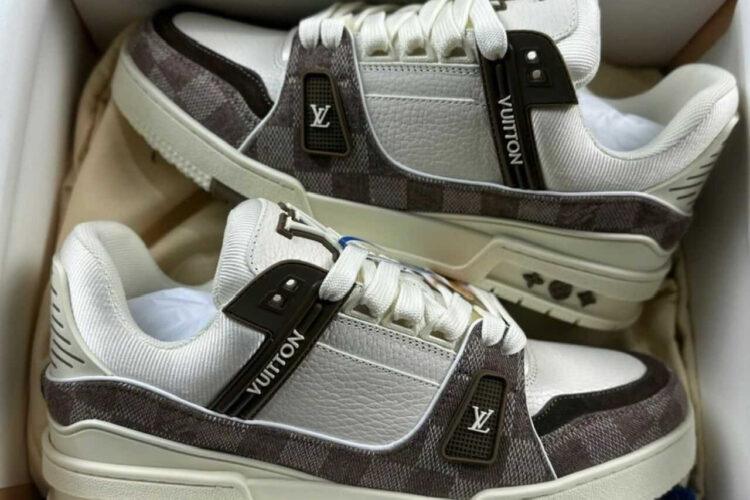 Giày LV Trainer Moka Browm Denim Damier White Calfskin Nâu Trắng