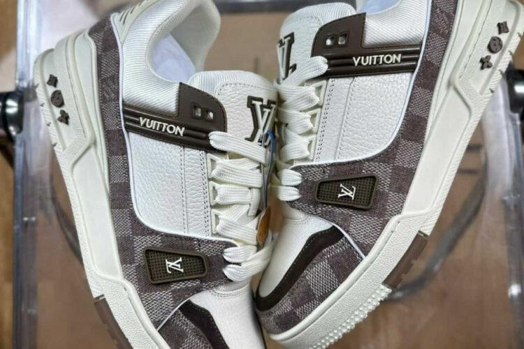 Giày LV Trainer Moka Browm Denim Damier White Calfskin Nâu Trắng
