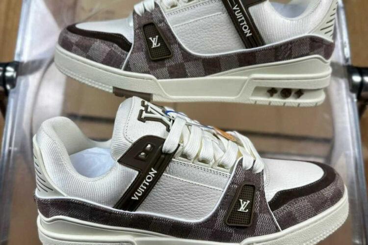 Giày LV Trainer Moka Browm Denim Damier White Calfskin Nâu Trắng