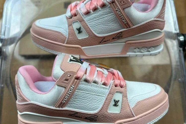 Giày LV Trainer Rose Pink White Calfskin Trắng Hồng