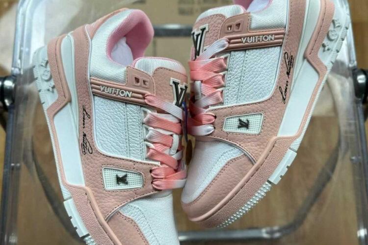 Giày LV Trainer Rose Pink White Calfskin Trắng Hồng