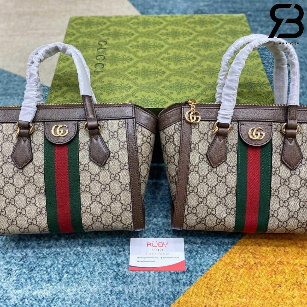 Túi Gucci Ophidia Mini Tote Bag Beige Ebony GG Supreme Brown Nâu