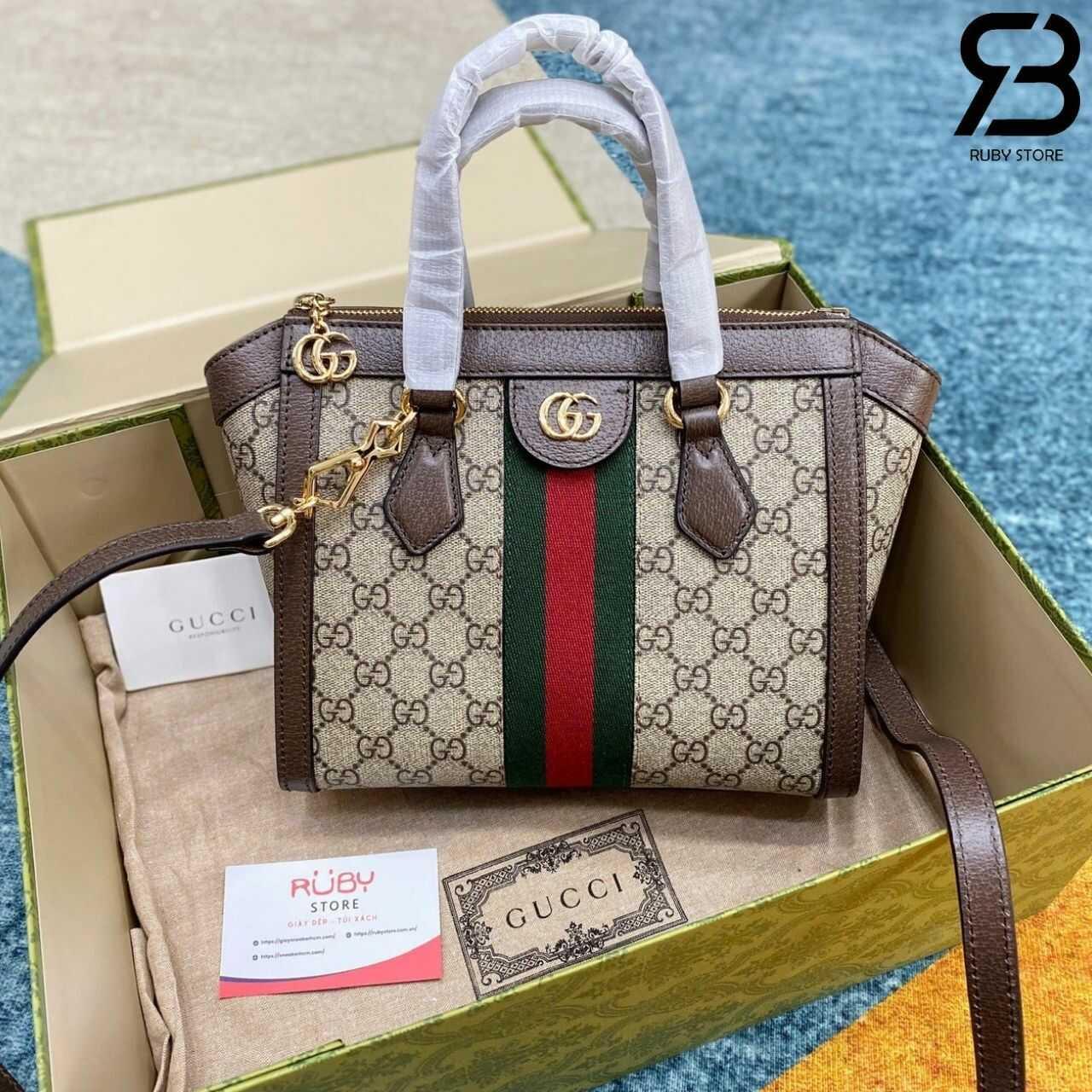 Túi Gucci Ophidia Mini Tote Bag Beige Ebony GG Supreme Brown Nâu