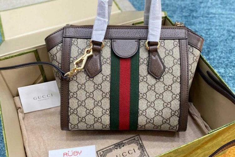 Túi Gucci Ophidia Mini Tote Bag Beige Ebony GG Supreme Brown Nâu
