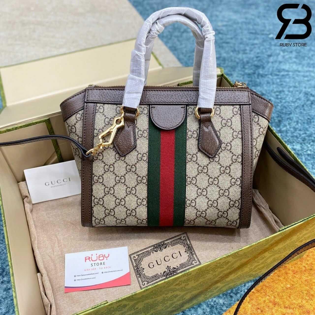 Túi Gucci Ophidia Mini Tote Bag Beige Ebony GG Supreme Brown Nâu