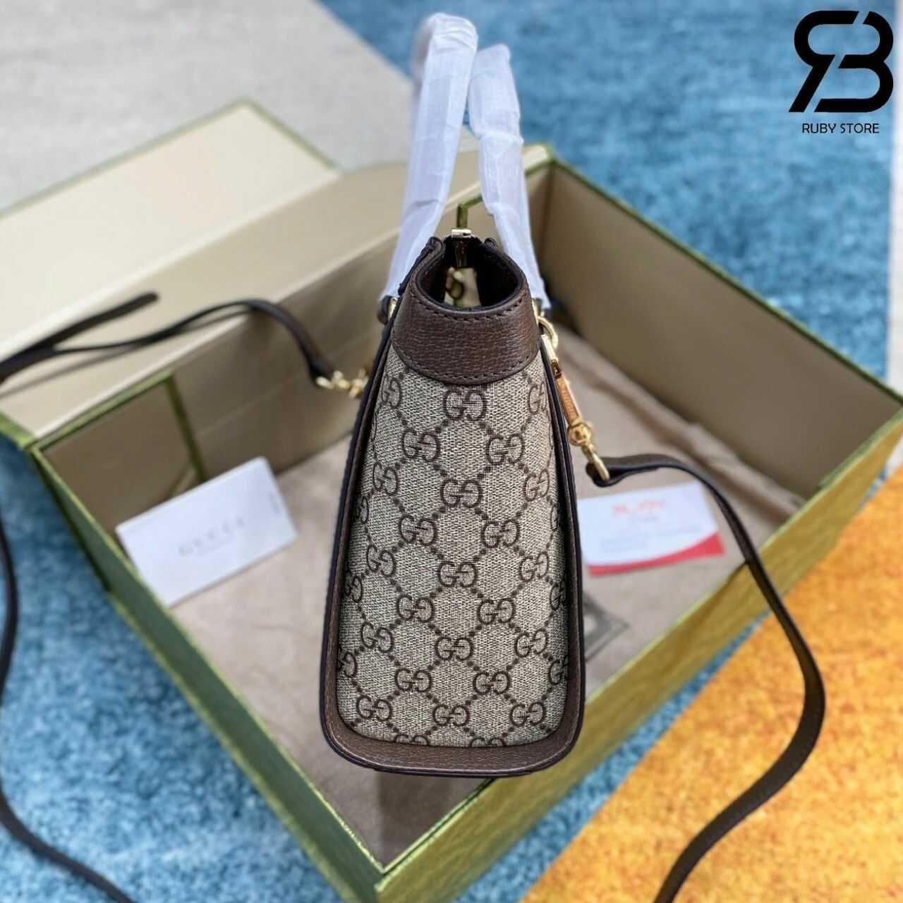 Túi Gucci Ophidia Mini Tote Bag Beige Ebony GG Supreme Brown Nâu