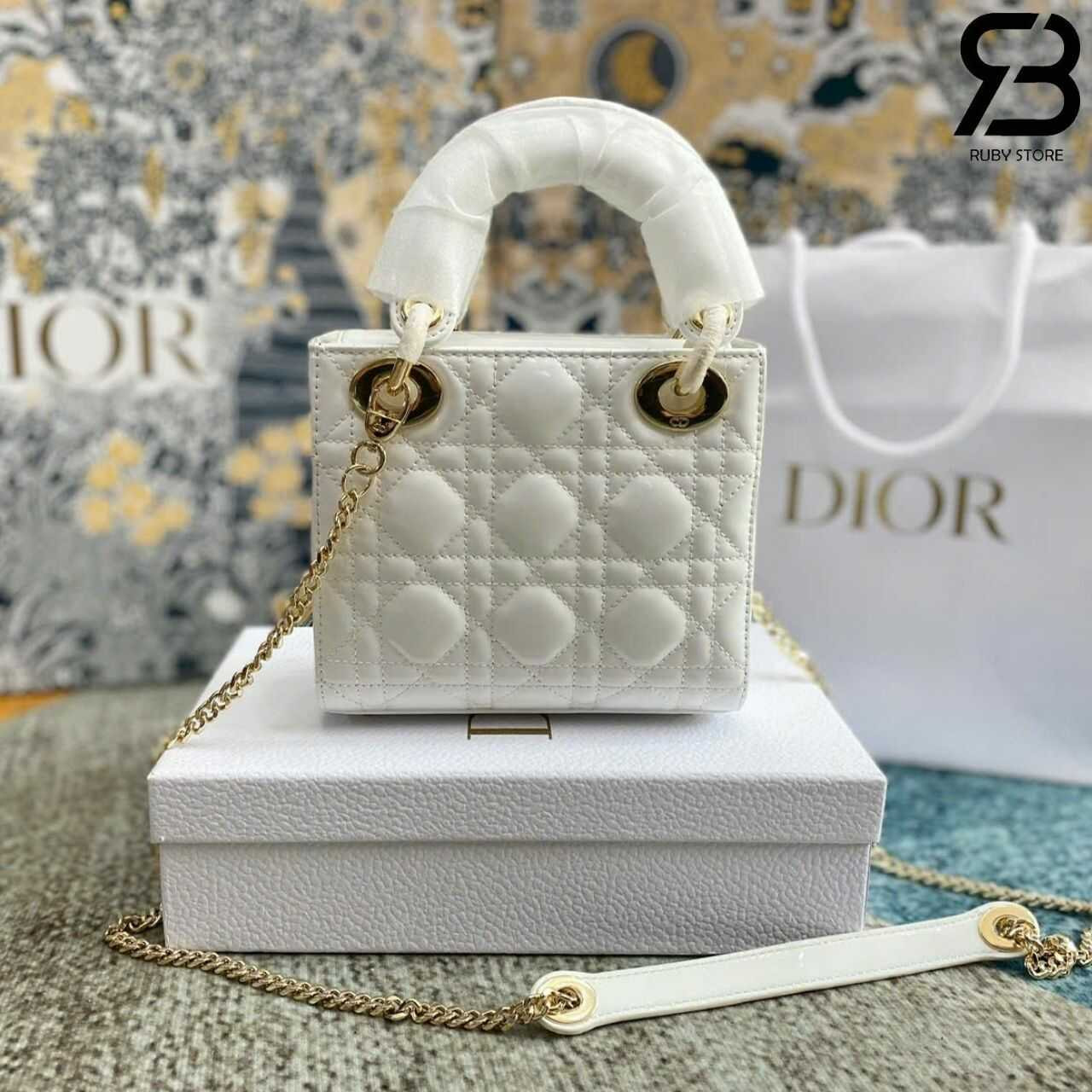 Túi Mini Lady Dior Latte Patent Calfskin GHW Màu Kem Bóng