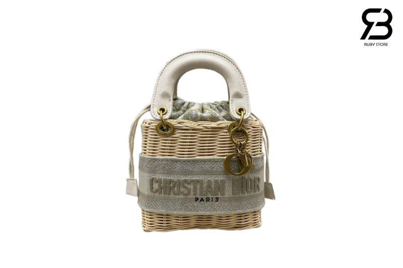 Túi Mini Lady Dior Natural Wicker Gray siêu cấp