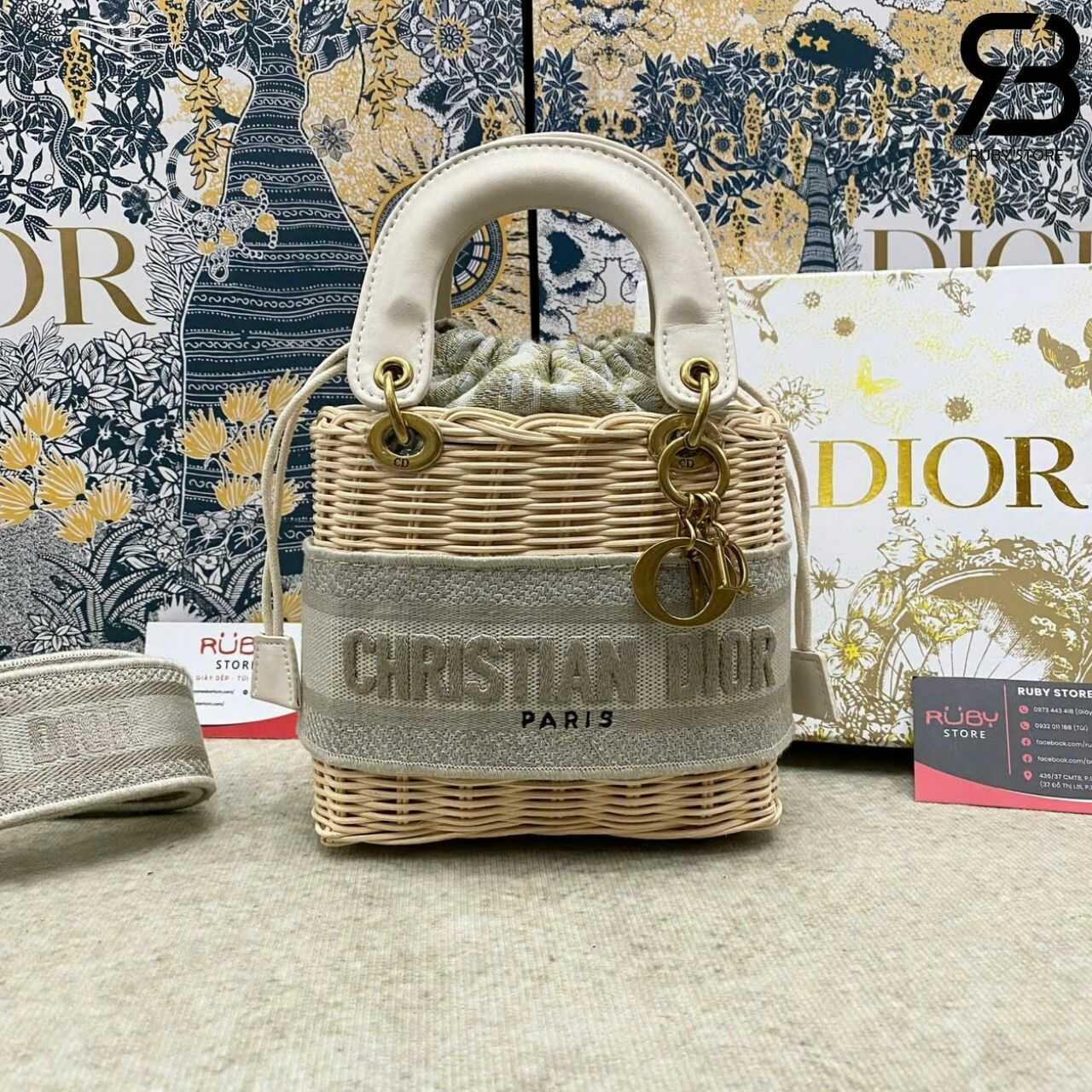Túi Mini Lady Dior Natural Wicker Gray siêu cấp