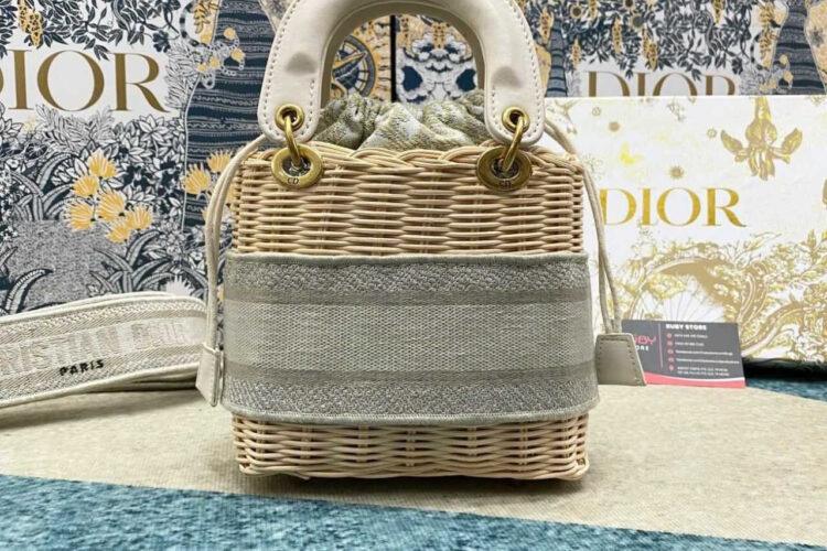 Túi Mini Lady Dior Natural Wicker Gray siêu cấp