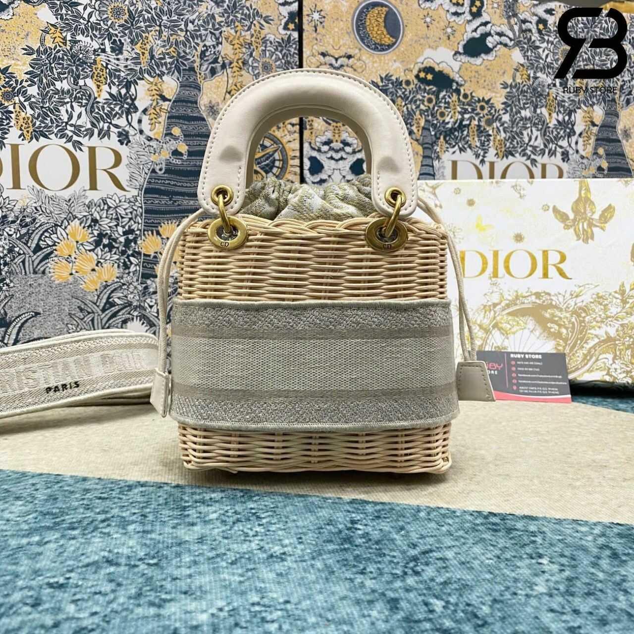 Túi Mini Lady Dior Natural Wicker Gray siêu cấp