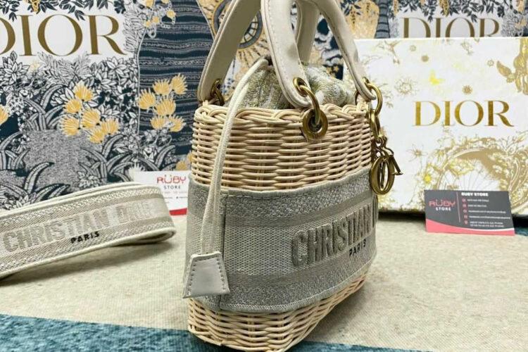 Túi Mini Lady Dior Natural Wicker Gray siêu cấp