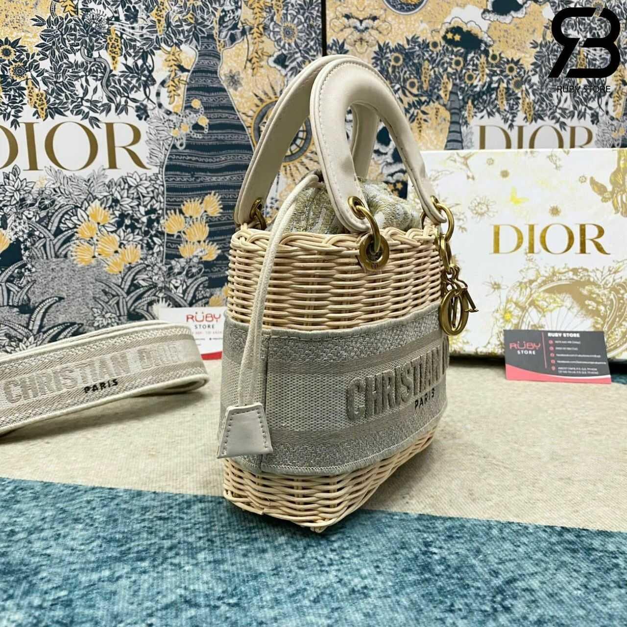 Túi Mini Lady Dior Natural Wicker Gray siêu cấp