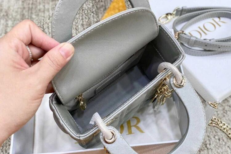 Túi Mini Lady Dior Pearl Grey Lambskin GHW Màu Xám