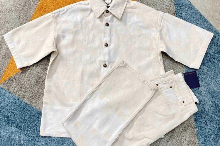 Áo LV Damier Short-Sleeved Denim Shirt Damoflage Jacquard Ecru Màu Kem
