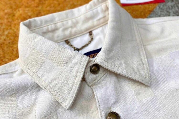 Áo LV Damier Short-Sleeved Denim Shirt Damoflage Jacquard Ecru Màu Kem