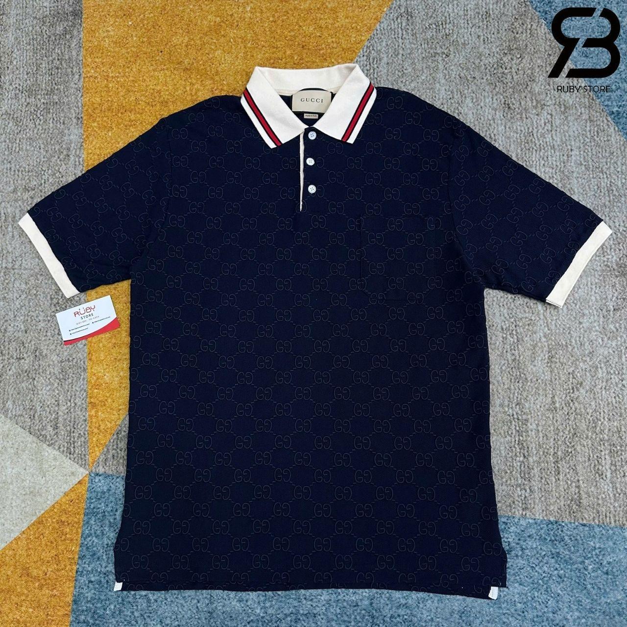 Áo Thun Gucci Cotton Piquet Polo With GG Navy Blue Màu Xanh