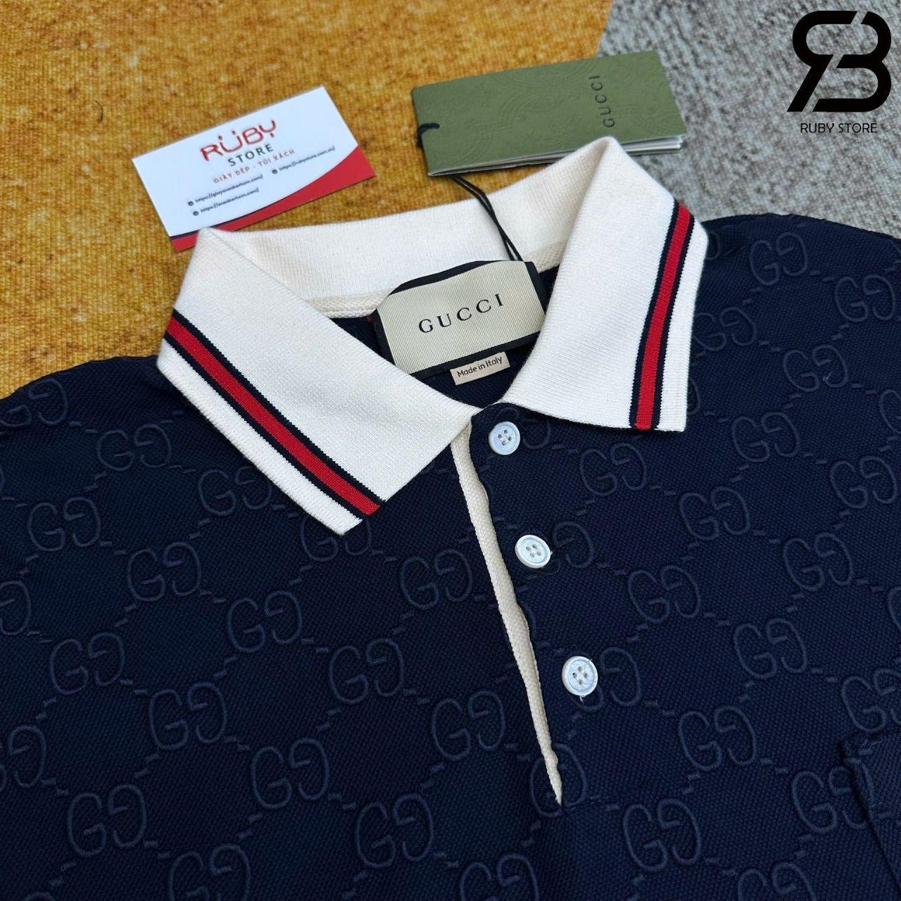 Áo Thun Gucci Cotton Piquet Polo With GG Navy Blue Màu Xanh