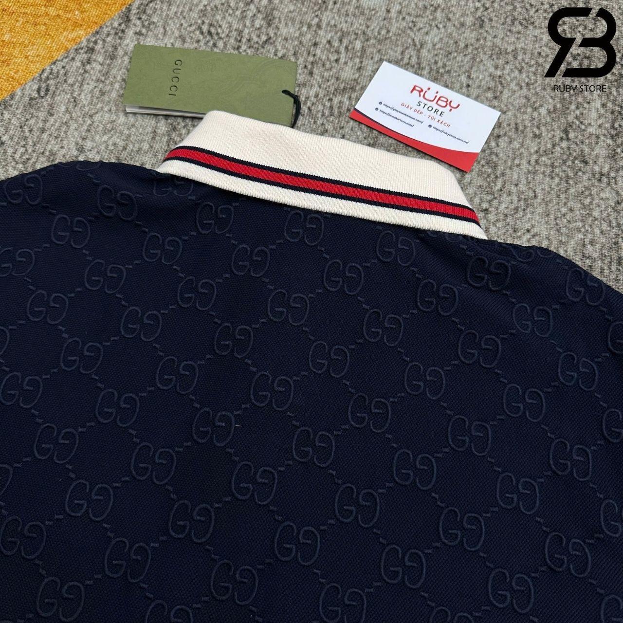 Áo Thun Gucci Cotton Piquet Polo With GG Navy Blue Màu Xanh