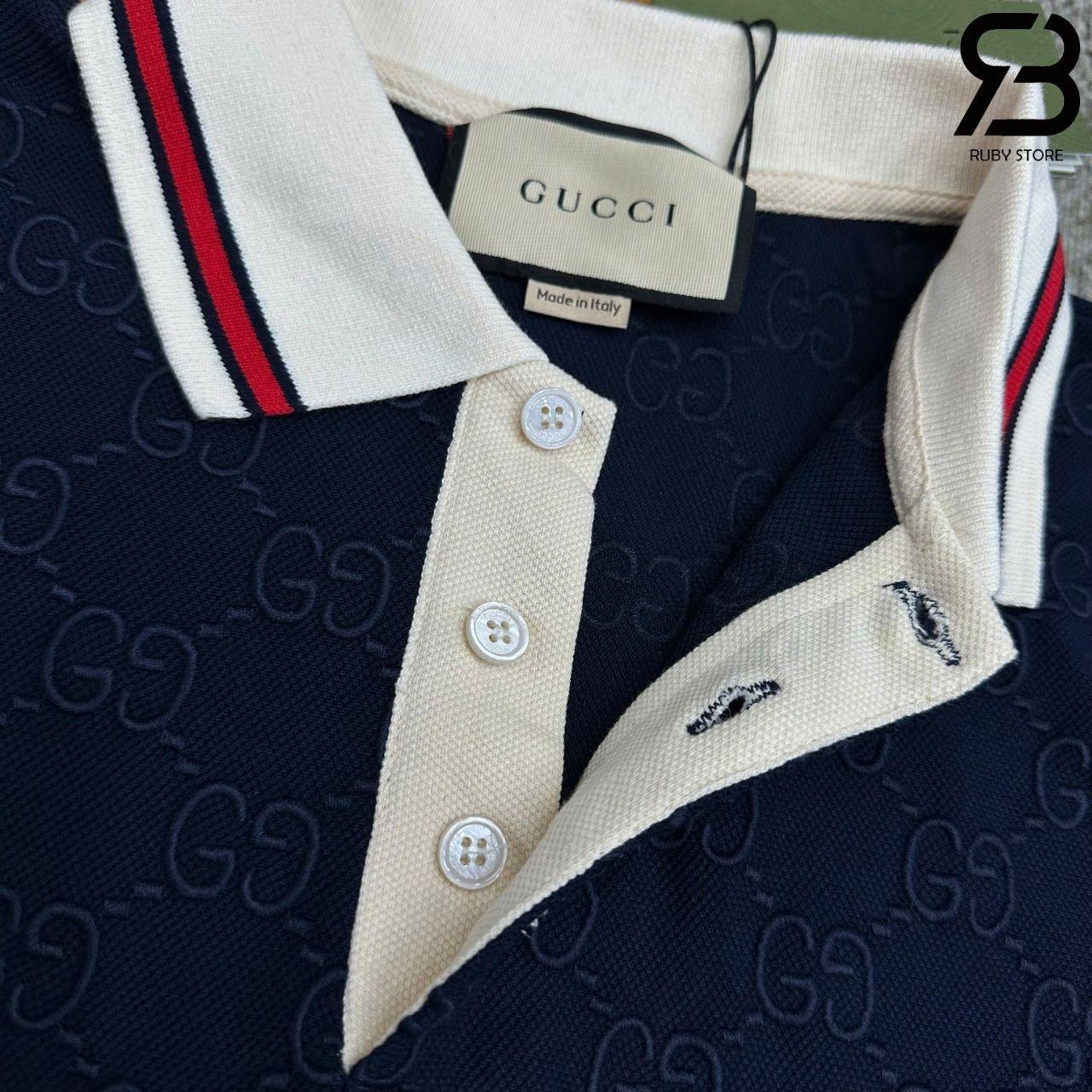 Áo Thun Gucci Cotton Piquet Polo With GG Navy Blue Màu Xanh
