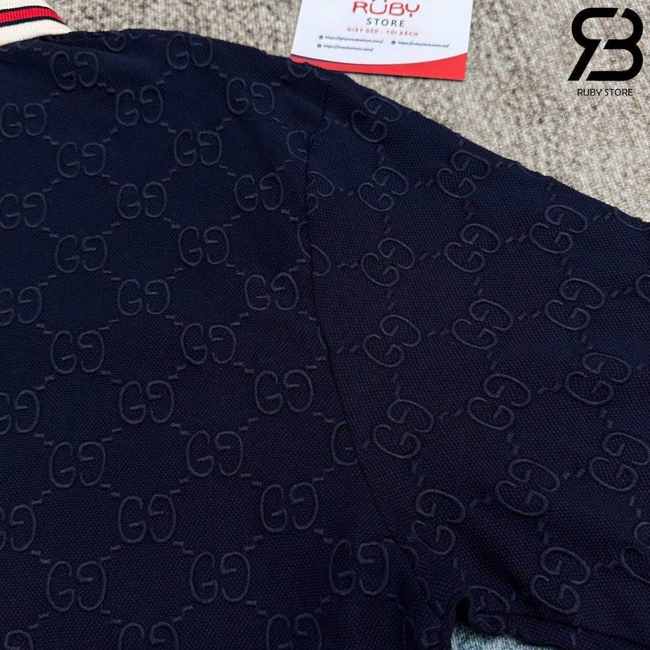 Áo Thun Gucci Cotton Piquet Polo With GG Navy Blue Màu Xanh