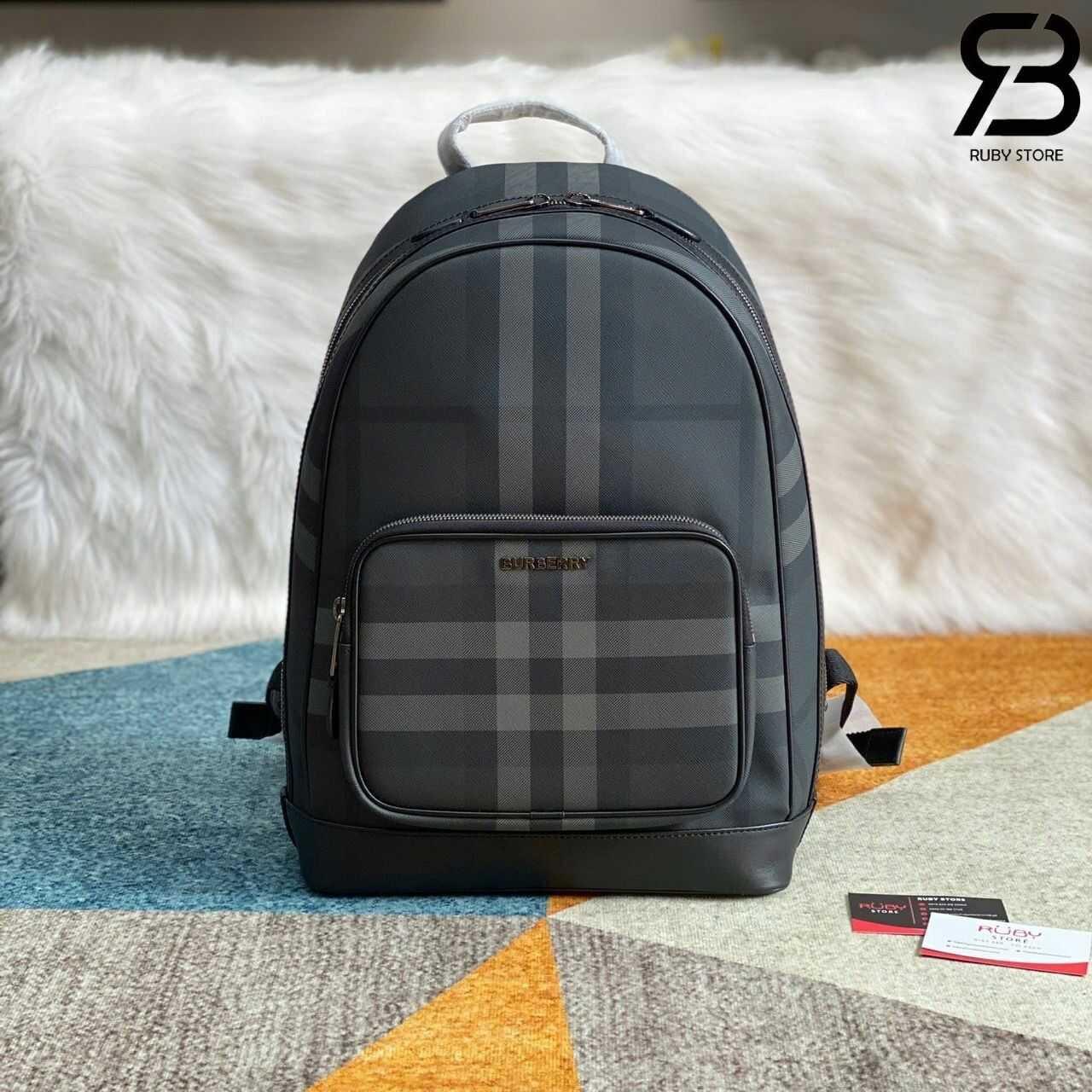 Ba Lô Burberry Rocco Backpack Charcoal Grey Check Canvas Màu đen