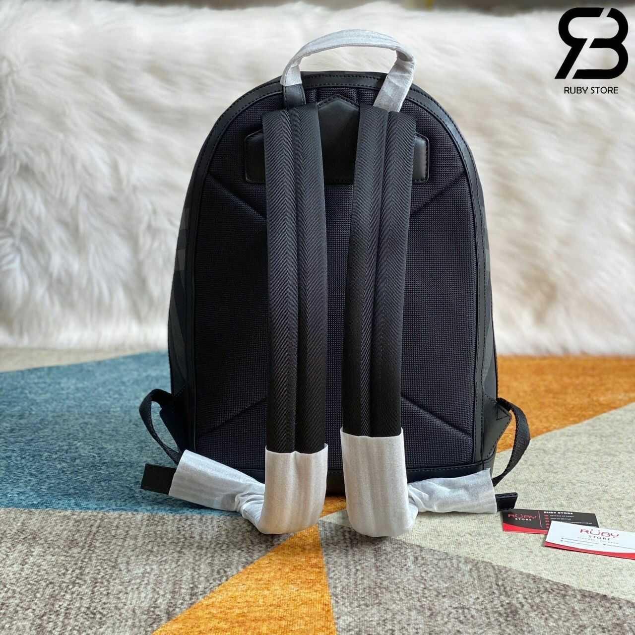 Ba Lô Burberry Rocco Backpack Charcoal Grey Check Canvas Màu đen