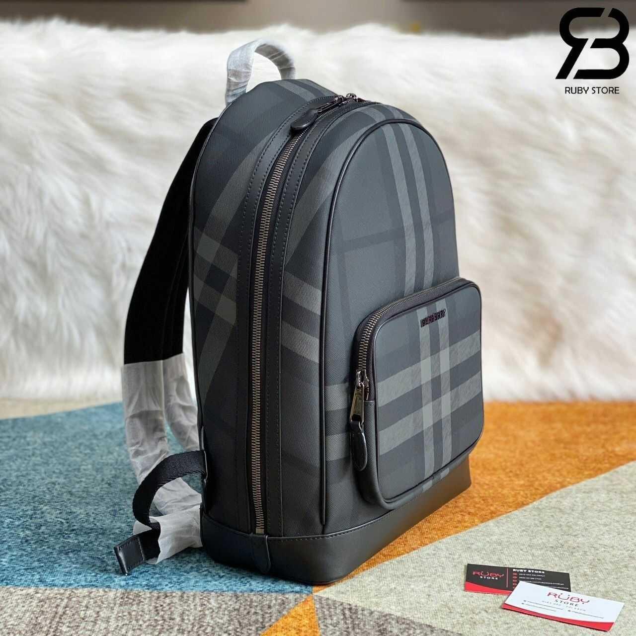 Ba Lô Burberry Rocco Backpack Charcoal Grey Check Canvas Màu đen