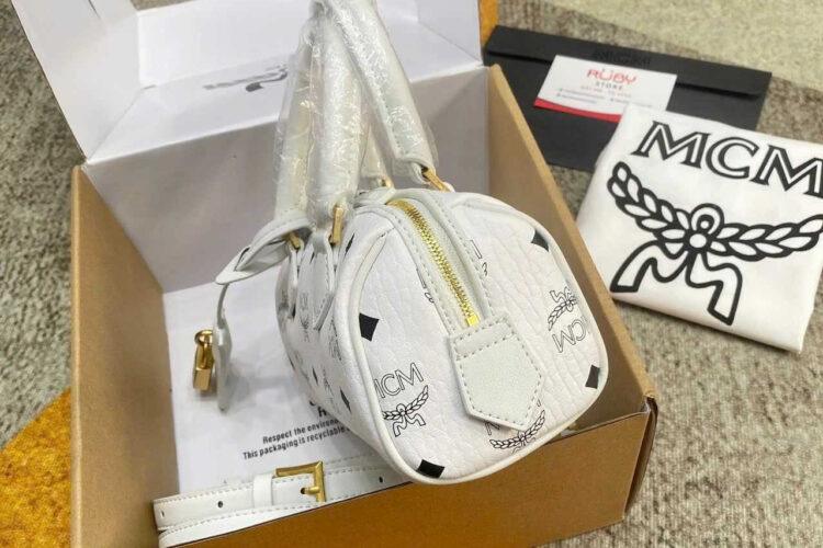 Túi MCM Mini Aren Boston Bag In Visetos White Trắng