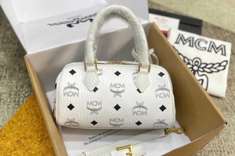 Túi MCM Mini Aren Boston Bag In Visetos White Trắng
