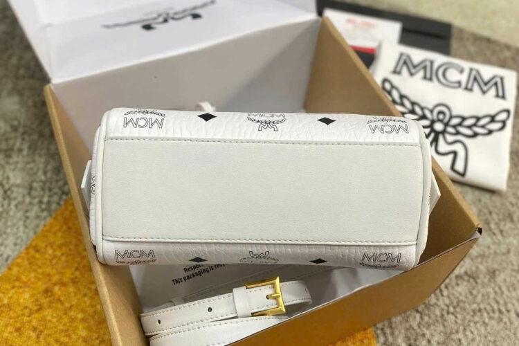 Túi MCM Mini Aren Boston Bag In Visetos White Trắng