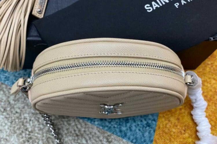 Túi YSL Round Crossbody Chain Bag Beige Caviar Hình Tròn