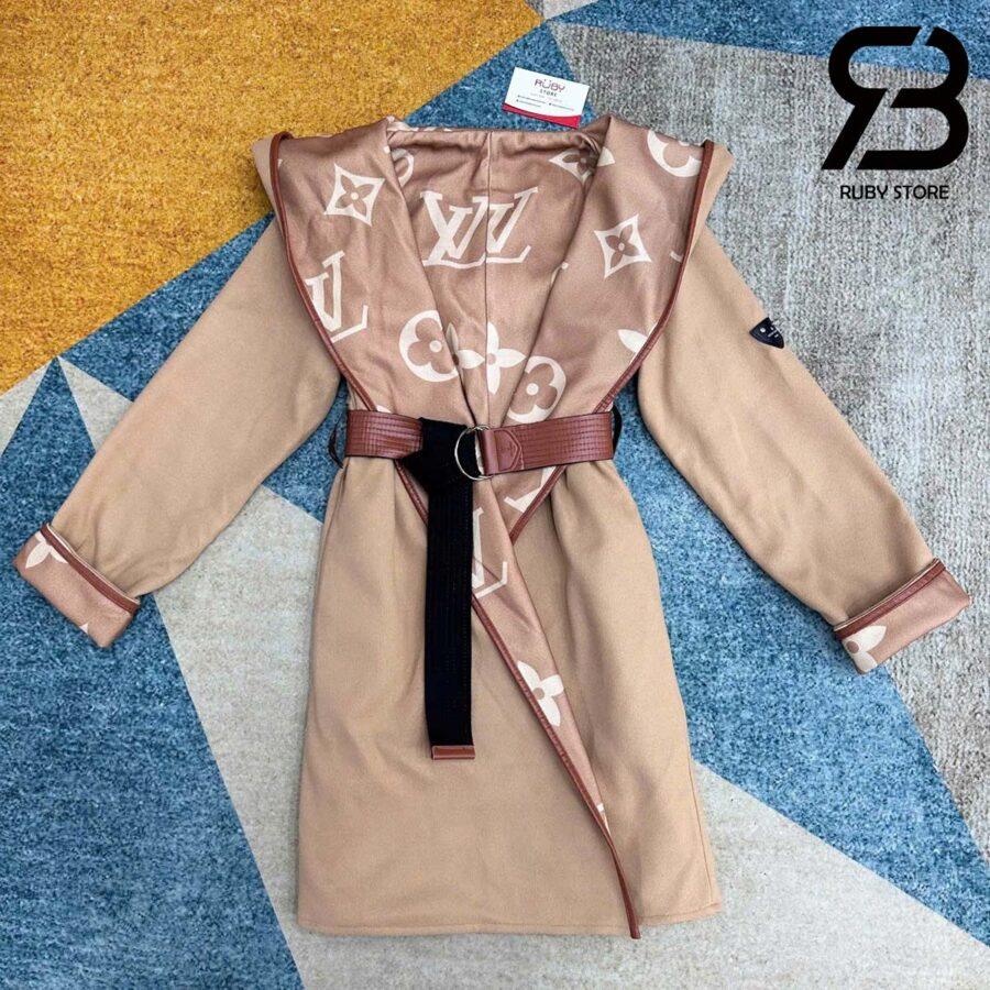 Áo Khoác LV Double Face Hooded Wrap Coat Giant Monogram Màu Nâu Camel Siêu Cấp