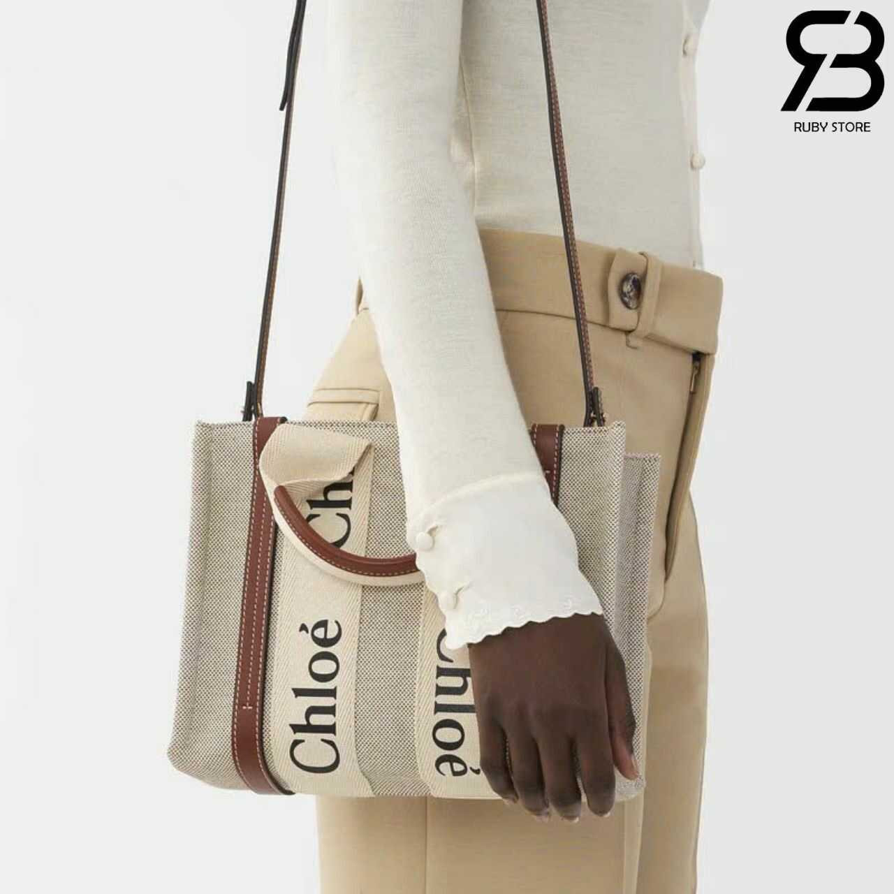 Túi Chloé Small Woody Tote Bag Màu Kem Nâu