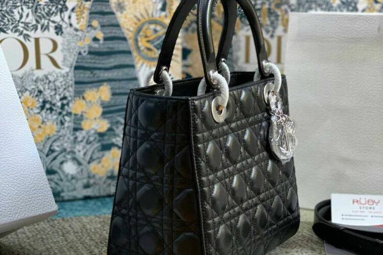 túi Dior Medium Lady Dior Black Lambskin SHW Size 24