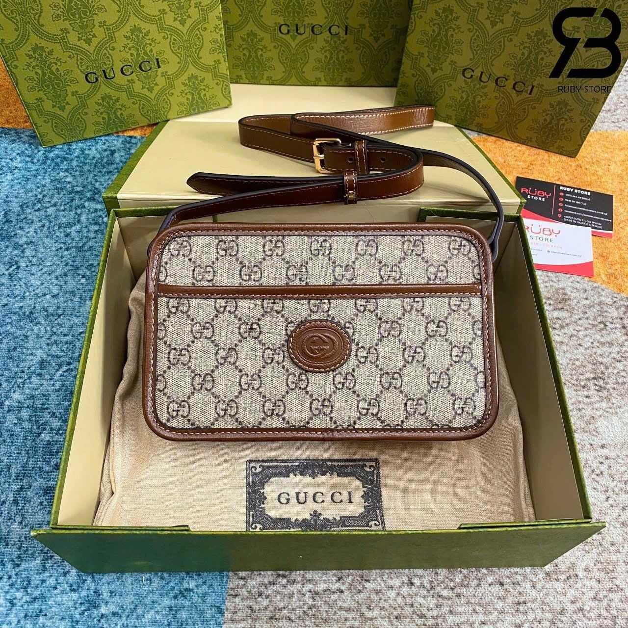 túi Gucci Mini Bag With Interlocking G GG Supreme Brown