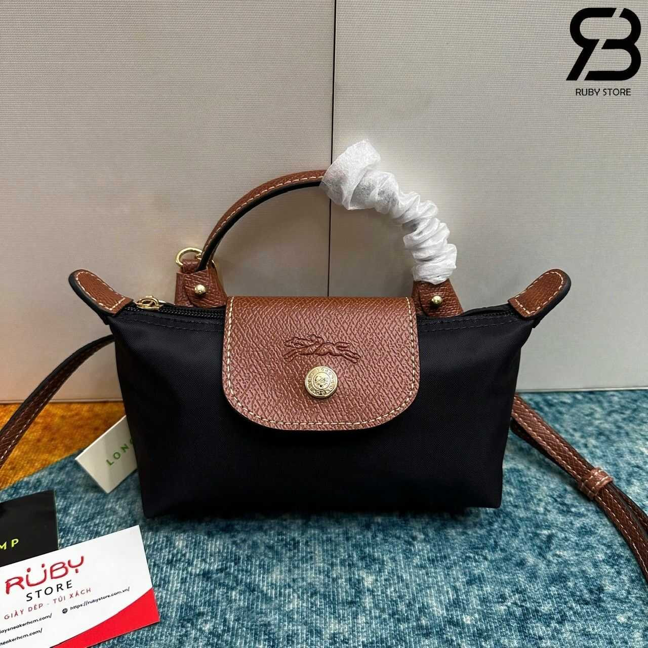 túi Longchamp Le Pliage Xtra XS Pouch Black Canvas Cognac Leather đen