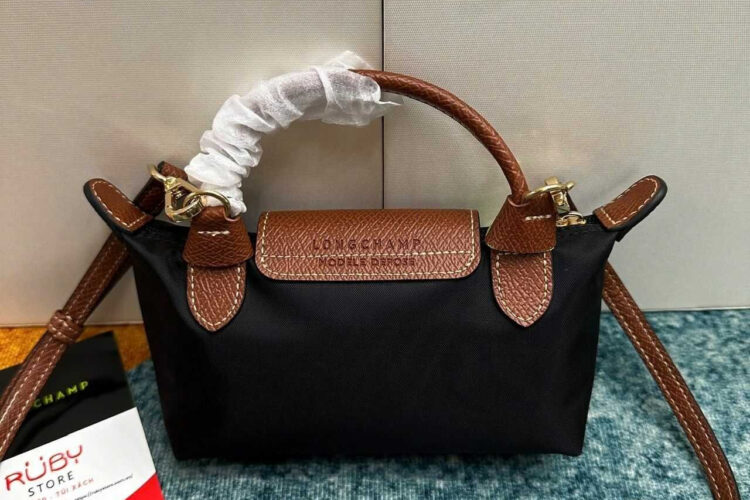 túi Longchamp Le Pliage Xtra XS Pouch Black Canvas Cognac Leather đen