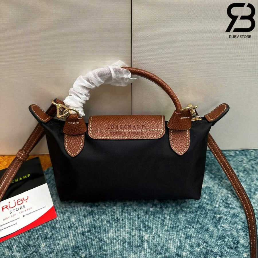 túi Longchamp Le Pliage Xtra XS Pouch Black Canvas Cognac Leather đen