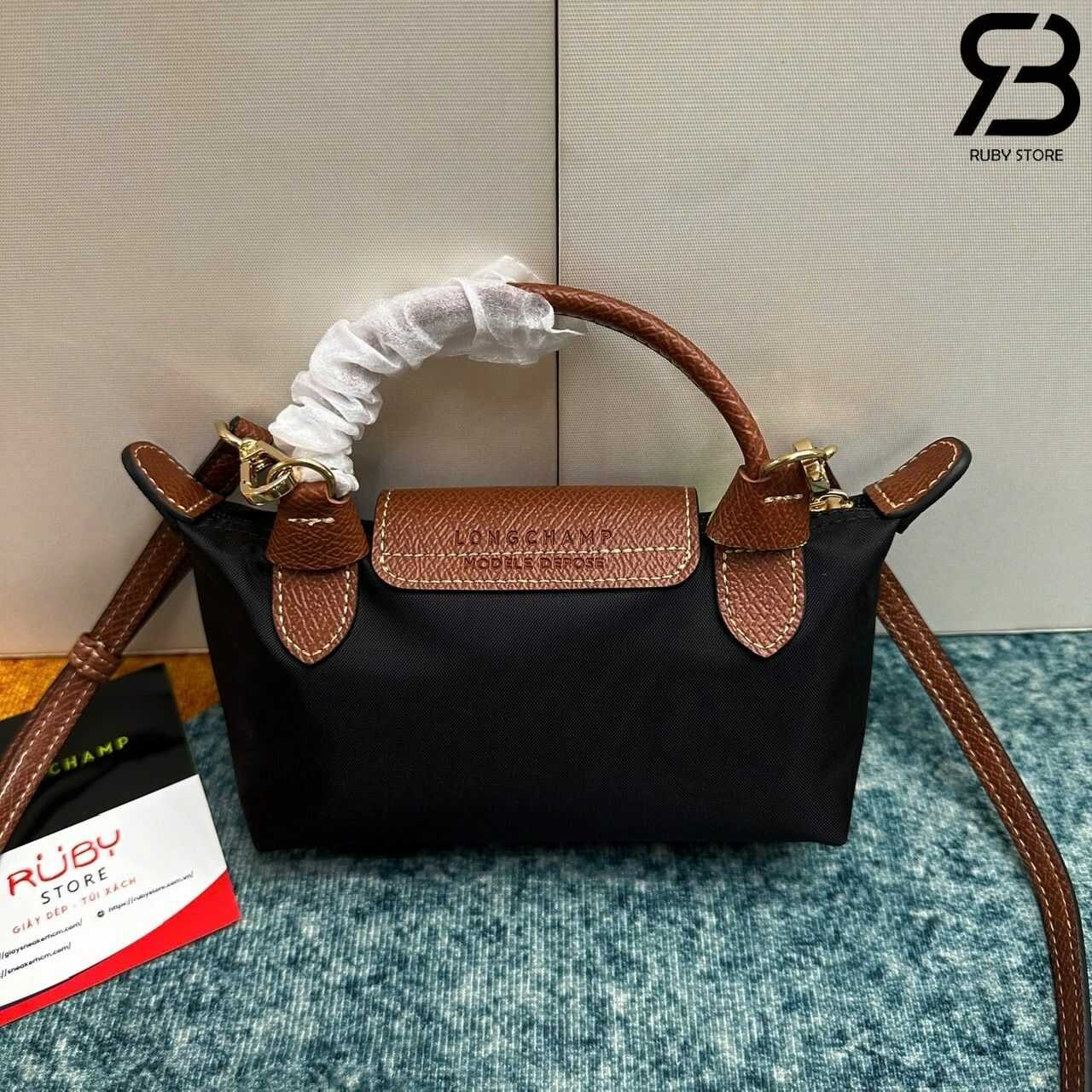 túi Longchamp Le Pliage Xtra XS Pouch Black Canvas Cognac Leather đen