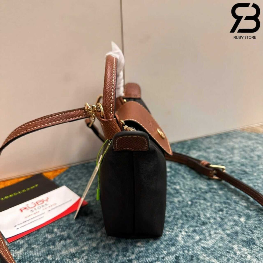 túi Longchamp Le Pliage Xtra XS Pouch Black Canvas Cognac Leather đen