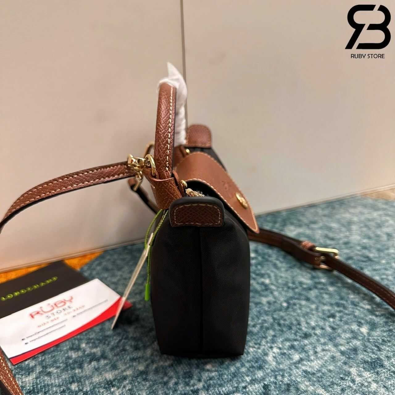 túi Longchamp Le Pliage Xtra XS Pouch Black Canvas Cognac Leather đen