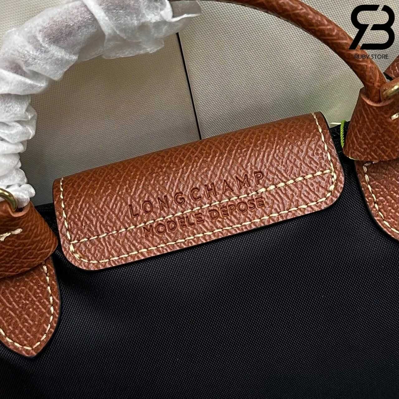 túi Longchamp Le Pliage Xtra XS Pouch Black Canvas Cognac Leather đen