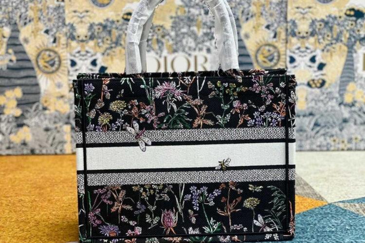 Túi Medium Dior Book Tote Black Multicolor Herbarium Floral