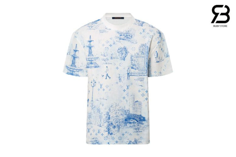 Áo Thun LV Printed Cotton Pique T-Shirt Monogram City Walk Trắng Xanh Dương