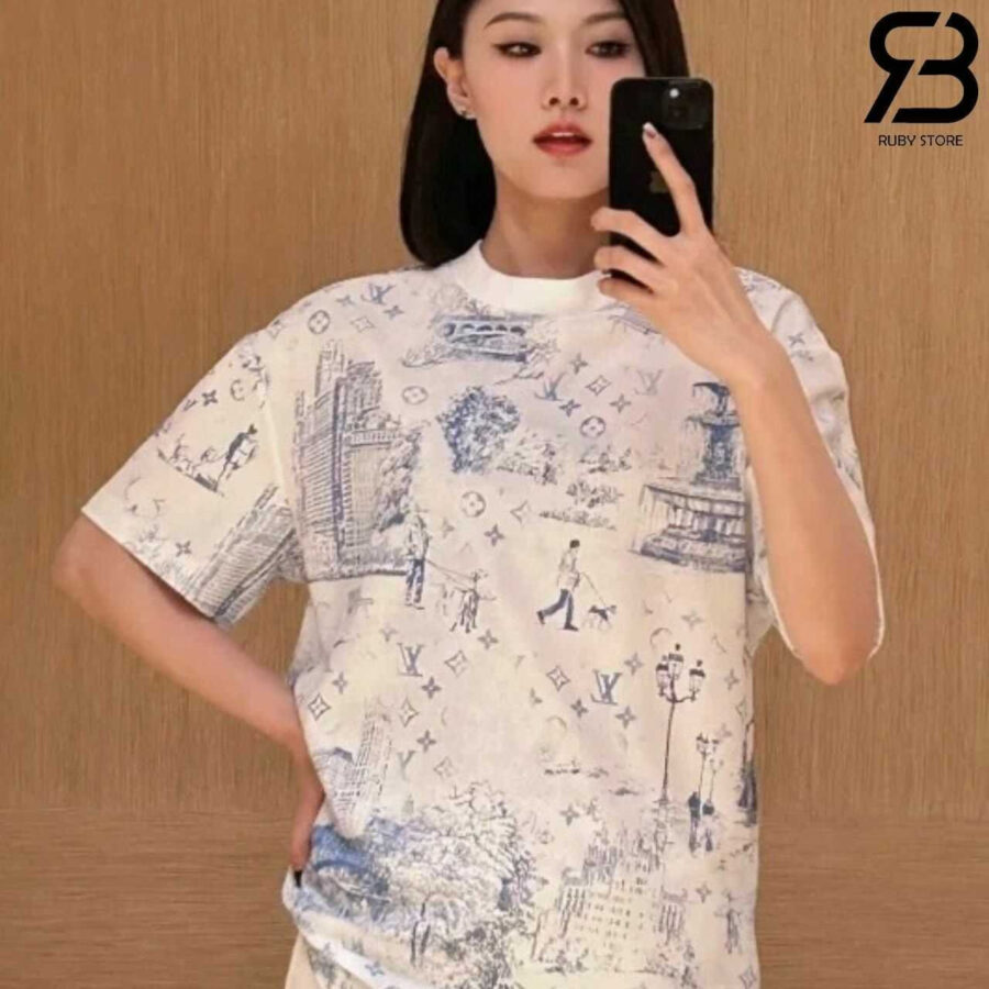 Áo Thun LV Printed Cotton Pique T-Shirt Monogram City Walk Trắng Xanh Dương