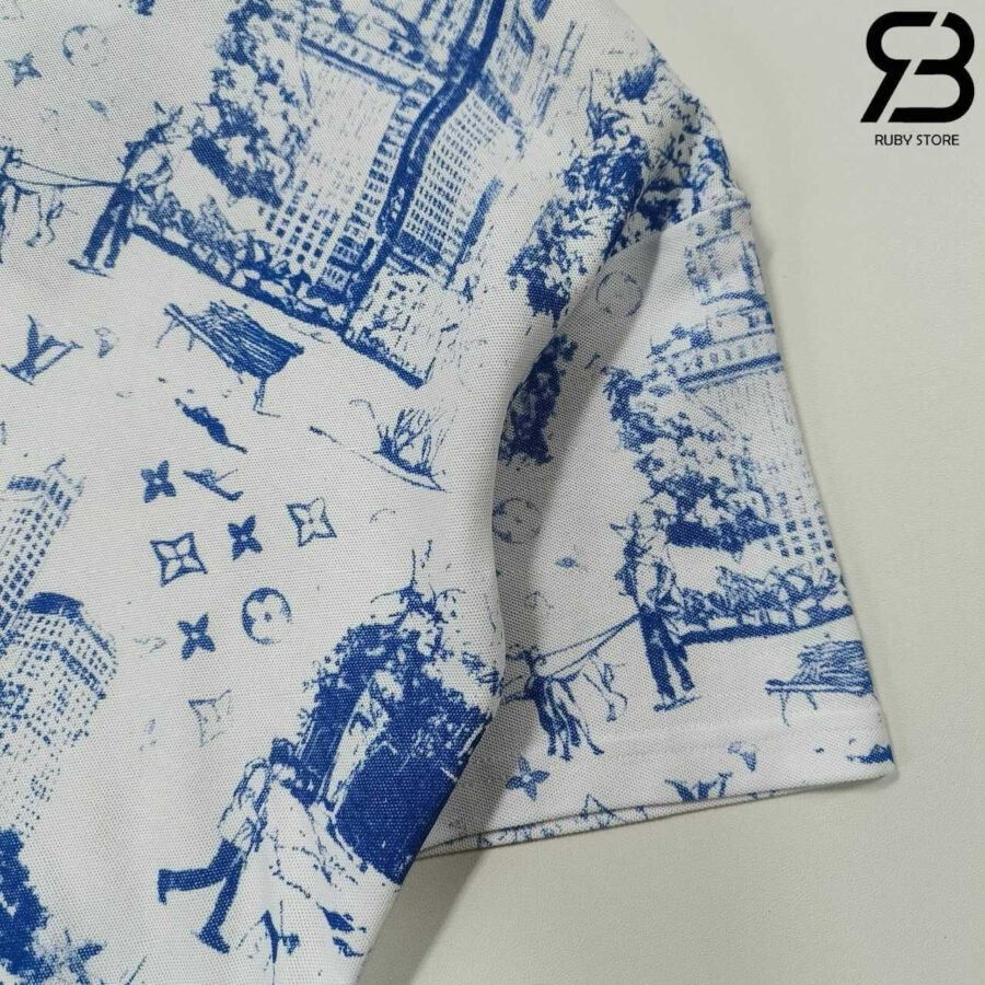 Áo Thun LV Printed Cotton Pique T-Shirt Monogram City Walk Trắng Xanh Dương