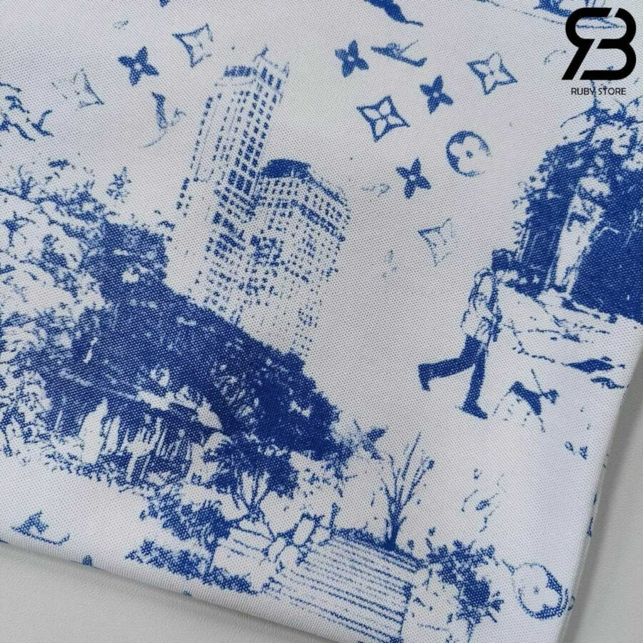Áo Thun LV Printed Cotton Pique T-Shirt Monogram City Walk Trắng Xanh Dương