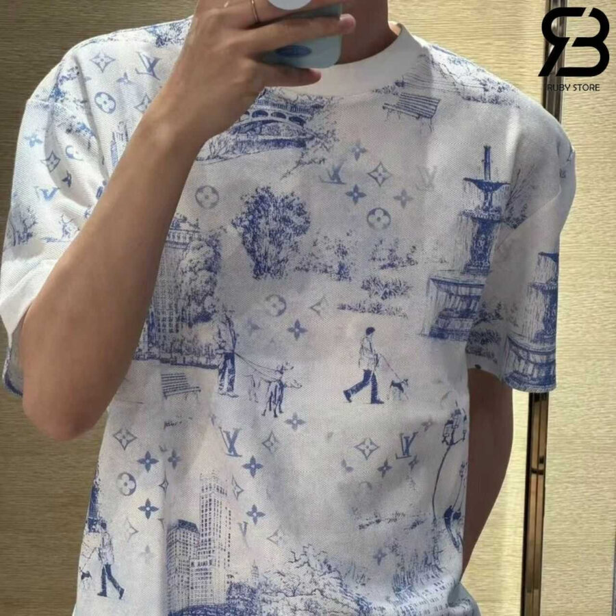 Áo Thun LV Printed Cotton Pique T-Shirt Monogram City Walk Trắng Xanh Dương